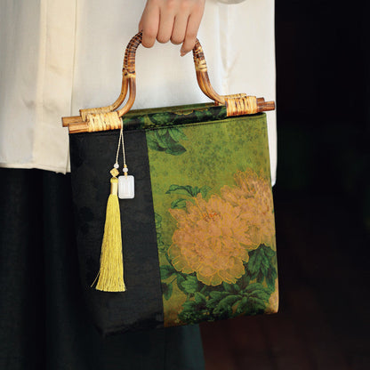 Chinoiserie Peony Bamboo Handle Handbag - Lumivault