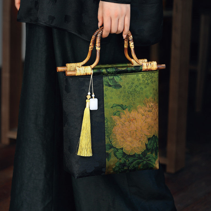 Chinoiserie Peony Bamboo Handle Handbag - Lumivault