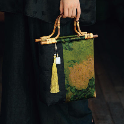 Chinoiserie Peony Bamboo Handle Handbag - Lumivault