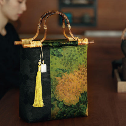 Chinoiserie Peony Bamboo Handle Handbag - Lumivault
