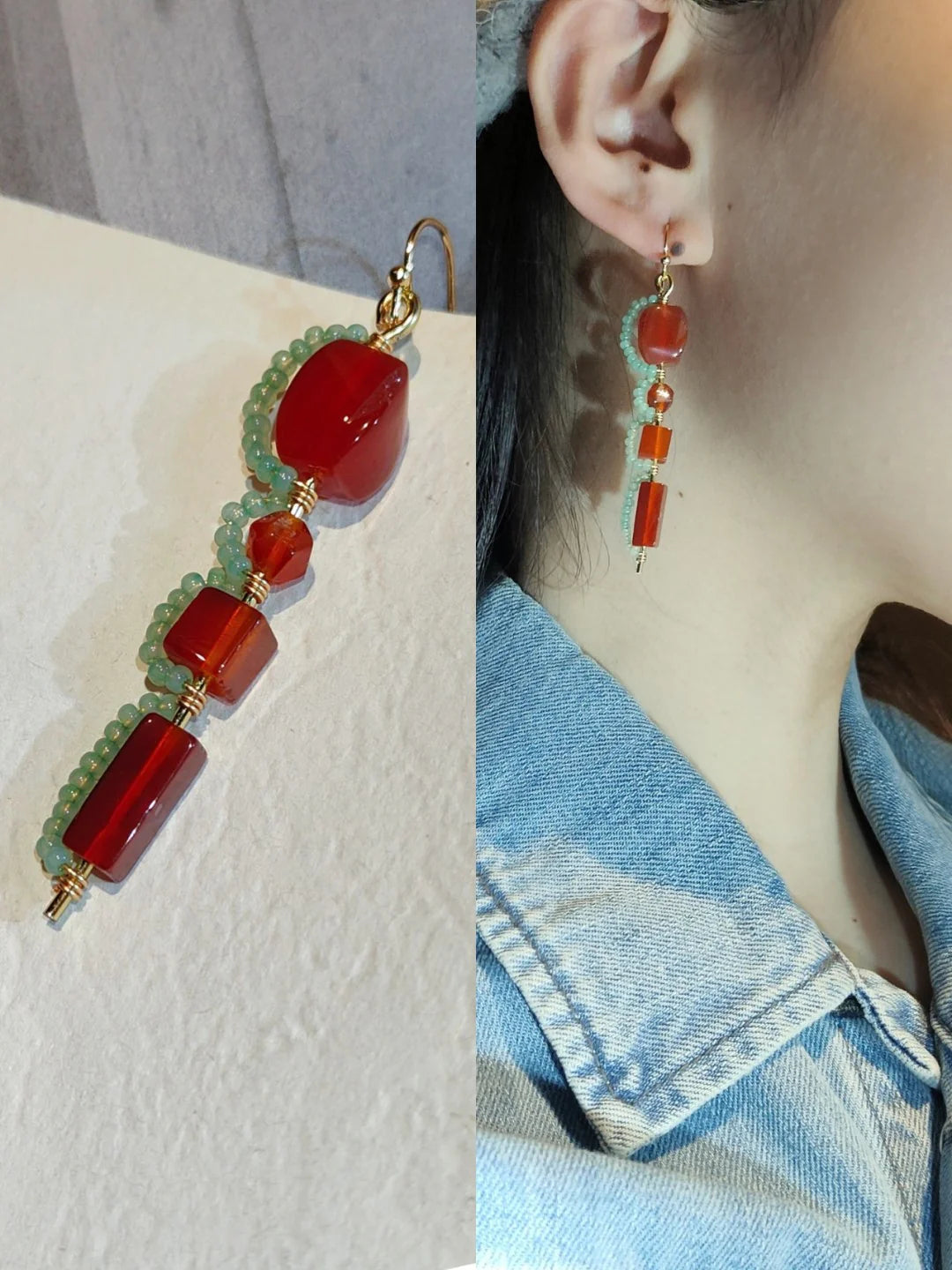 Chinoiserie Red Agate Beaded Drop Earrings,Lumivault.