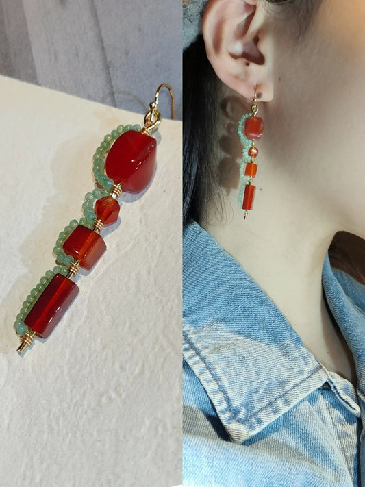 Chinoiserie Red Agate Beaded Drop Earrings