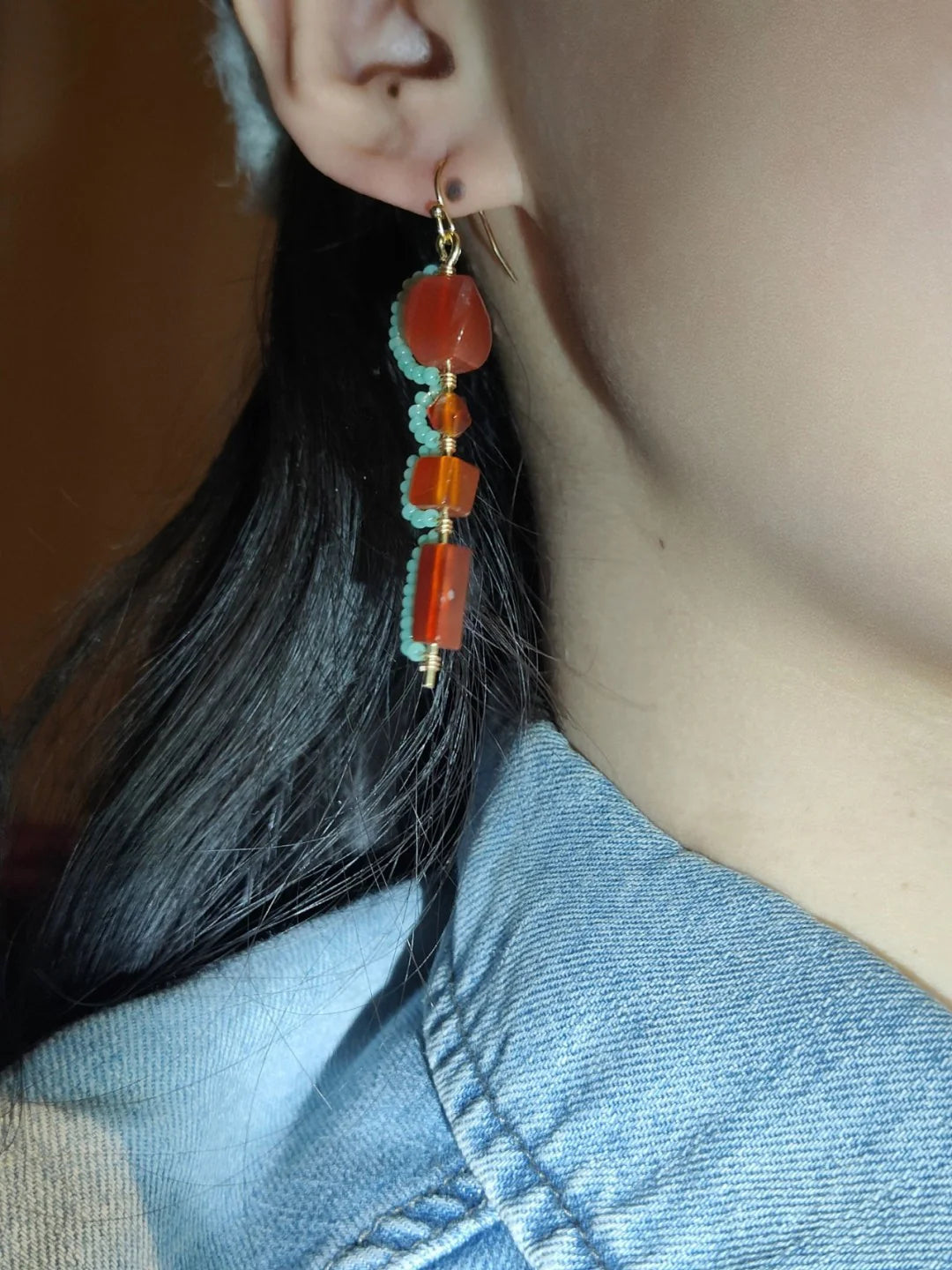 Chinoiserie Red Agate Beaded Drop Earrings,Lumivault.
