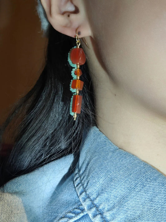 Chinoiserie Red Agate Beaded Drop Earrings