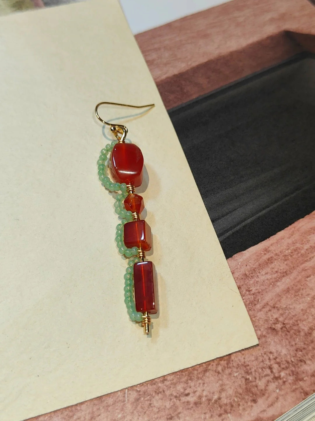 Chinoiserie Red Agate Beaded Drop Earrings,Lumivault.