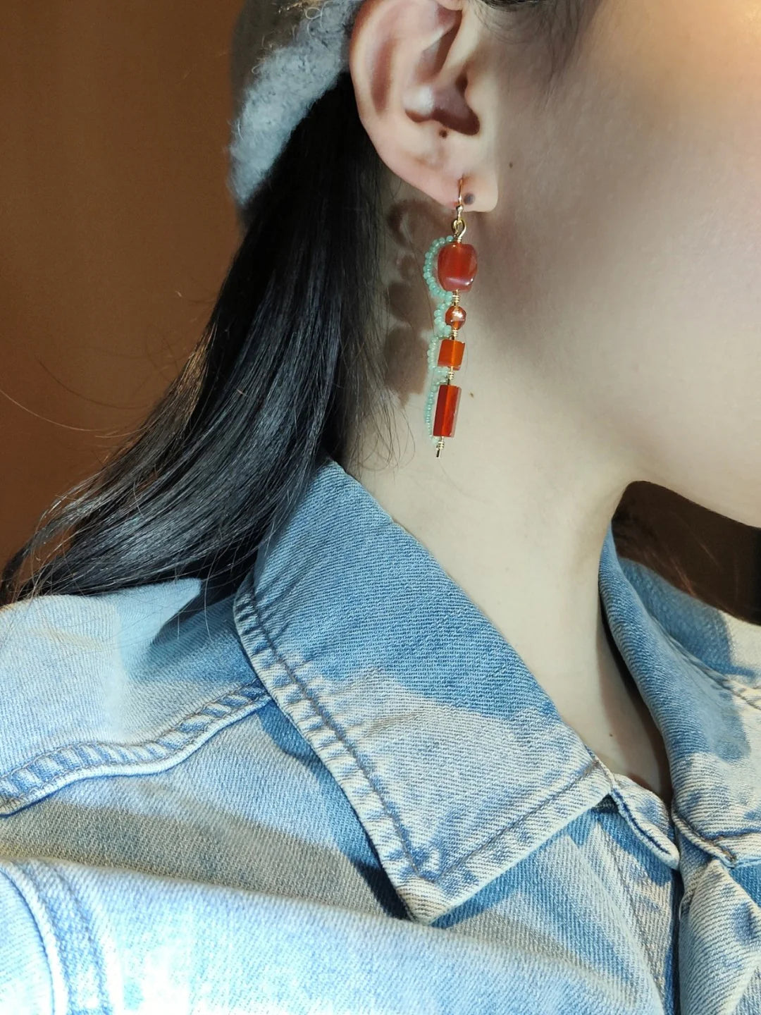Chinoiserie Red Agate Beaded Drop Earrings