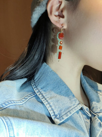 Chinoiserie Red Agate Beaded Drop Earrings