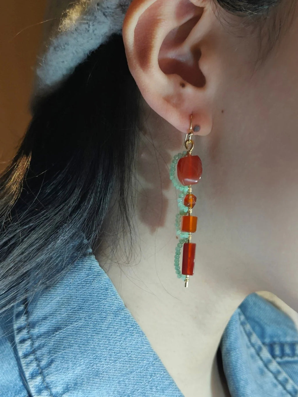 Chinoiserie Red Agate Beaded Drop Earrings,Lumivault.