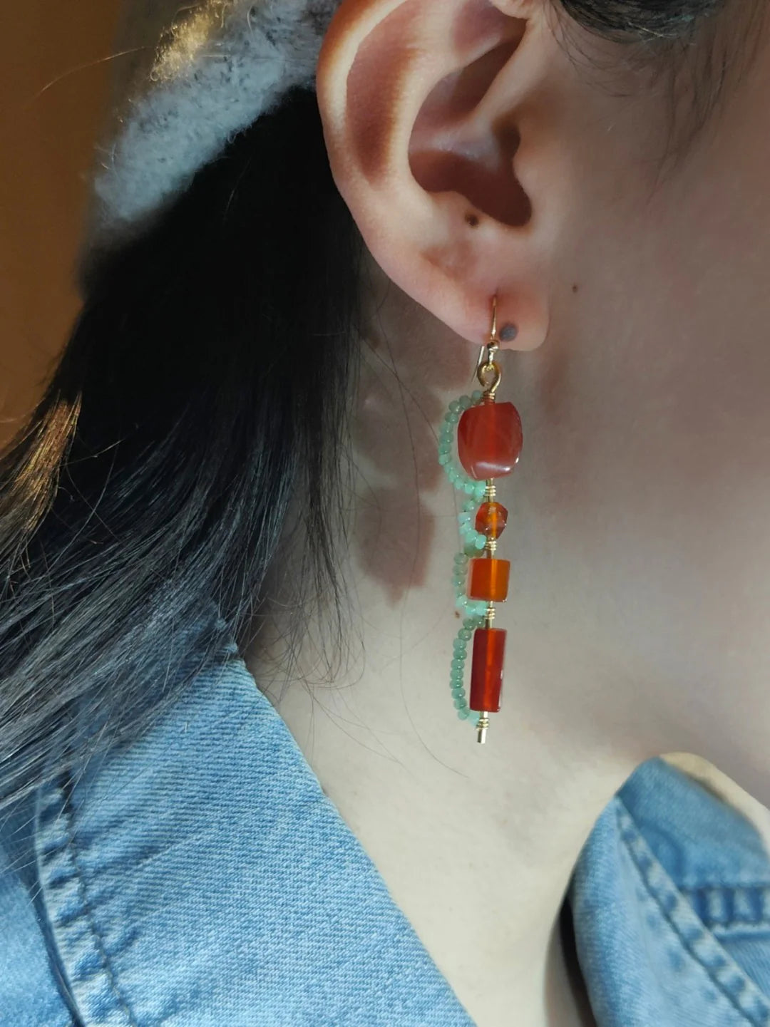 Chinoiserie Red Agate Beaded Drop Earrings