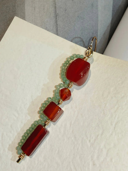 Chinoiserie Red Agate Beaded Drop Earrings