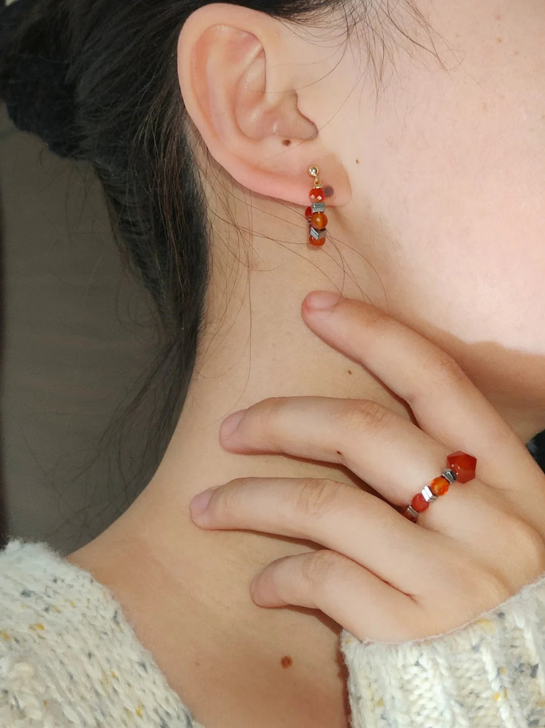 Chinoiserie Red Agate Beaded Metal Earrings,Lumivault.