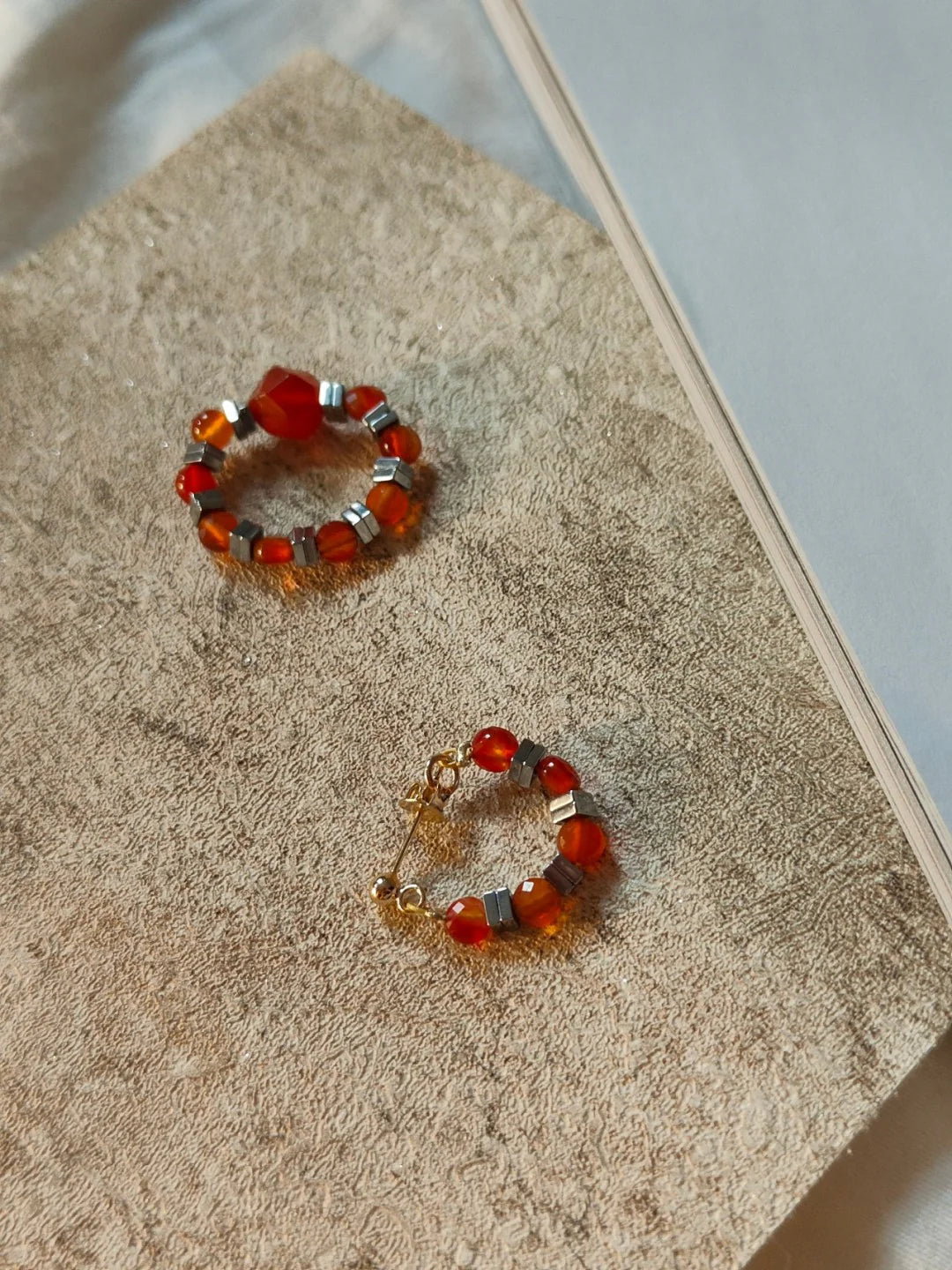 Chinoiserie Red Agate Beaded Metal Earrings