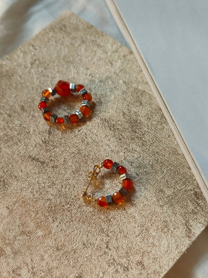 Chinoiserie Red Agate Beaded Metal Earrings