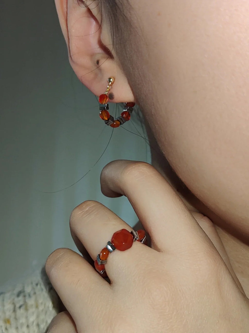 Chinoiserie Red Agate Beaded Metal Earrings,Lumivault.