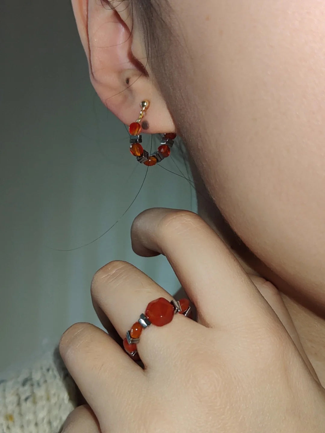 Chinoiserie Red Agate Beaded Metal Earrings