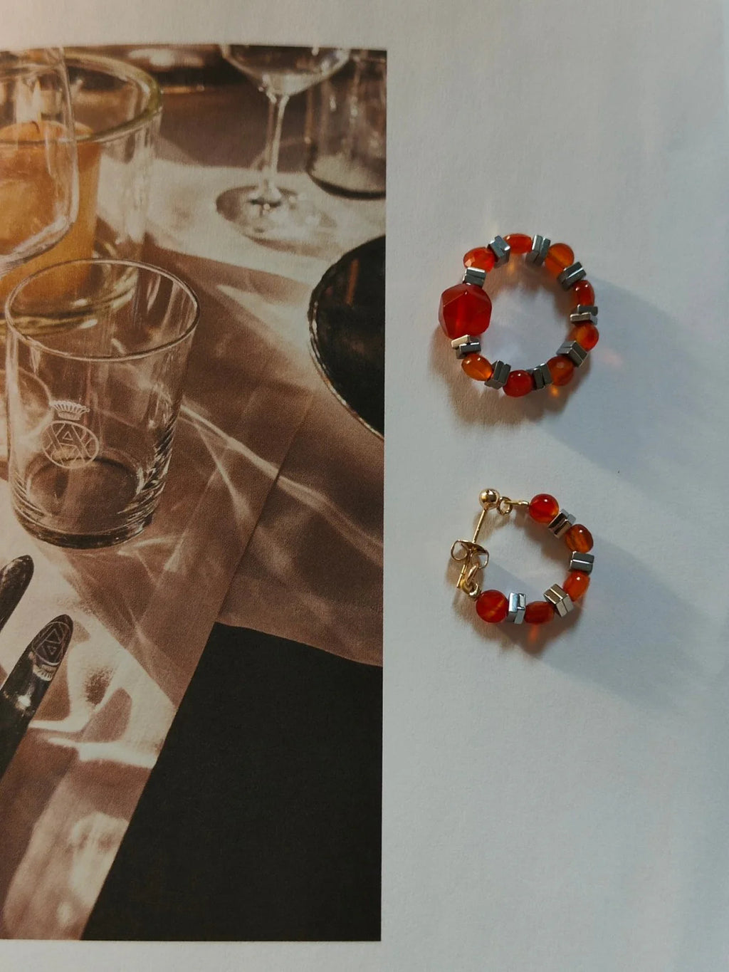Chinoiserie Red Agate Beaded Metal Earrings,Lumivault.