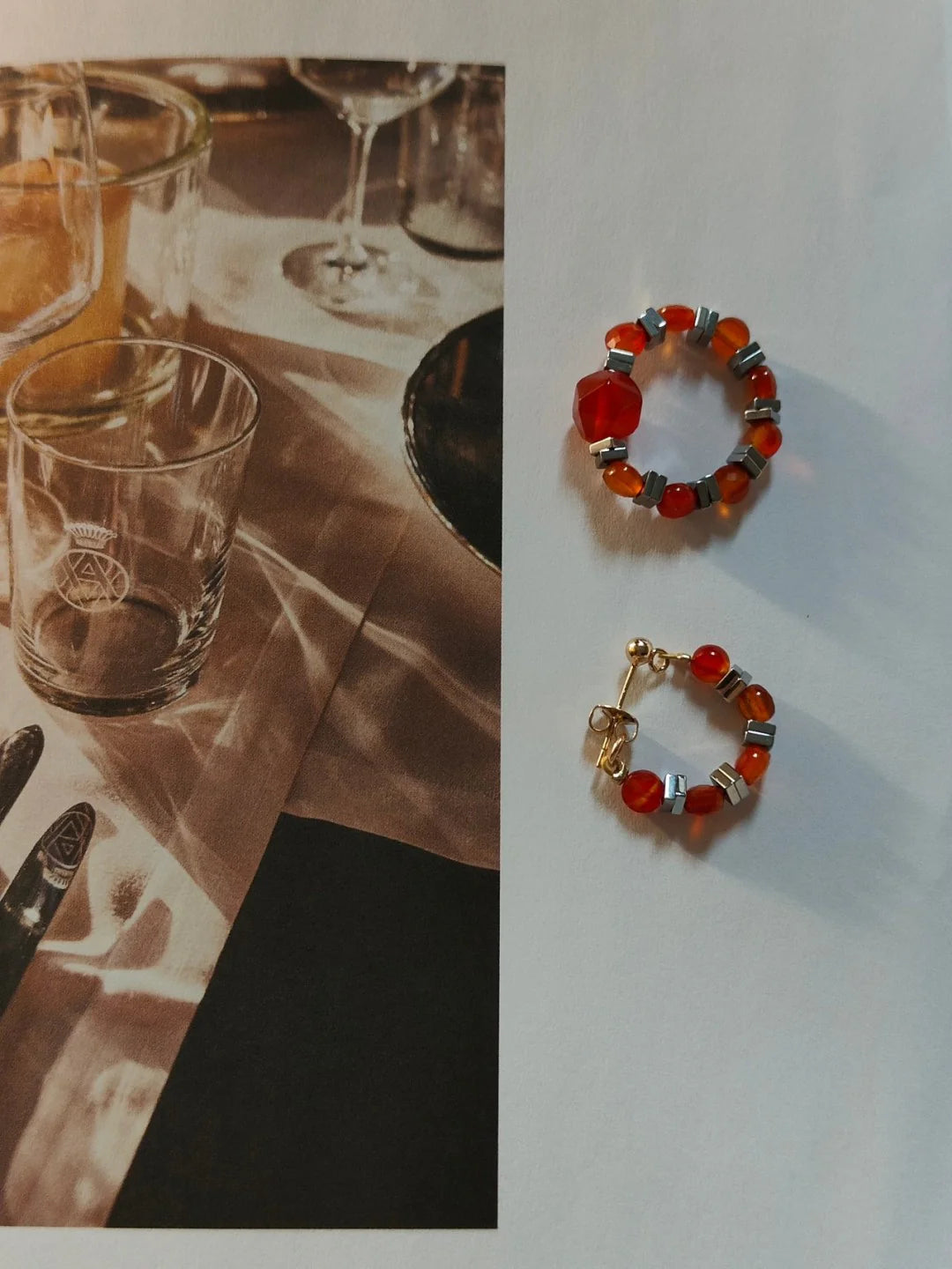 Chinoiserie Red Agate Beaded Metal Earrings,Lumivault.