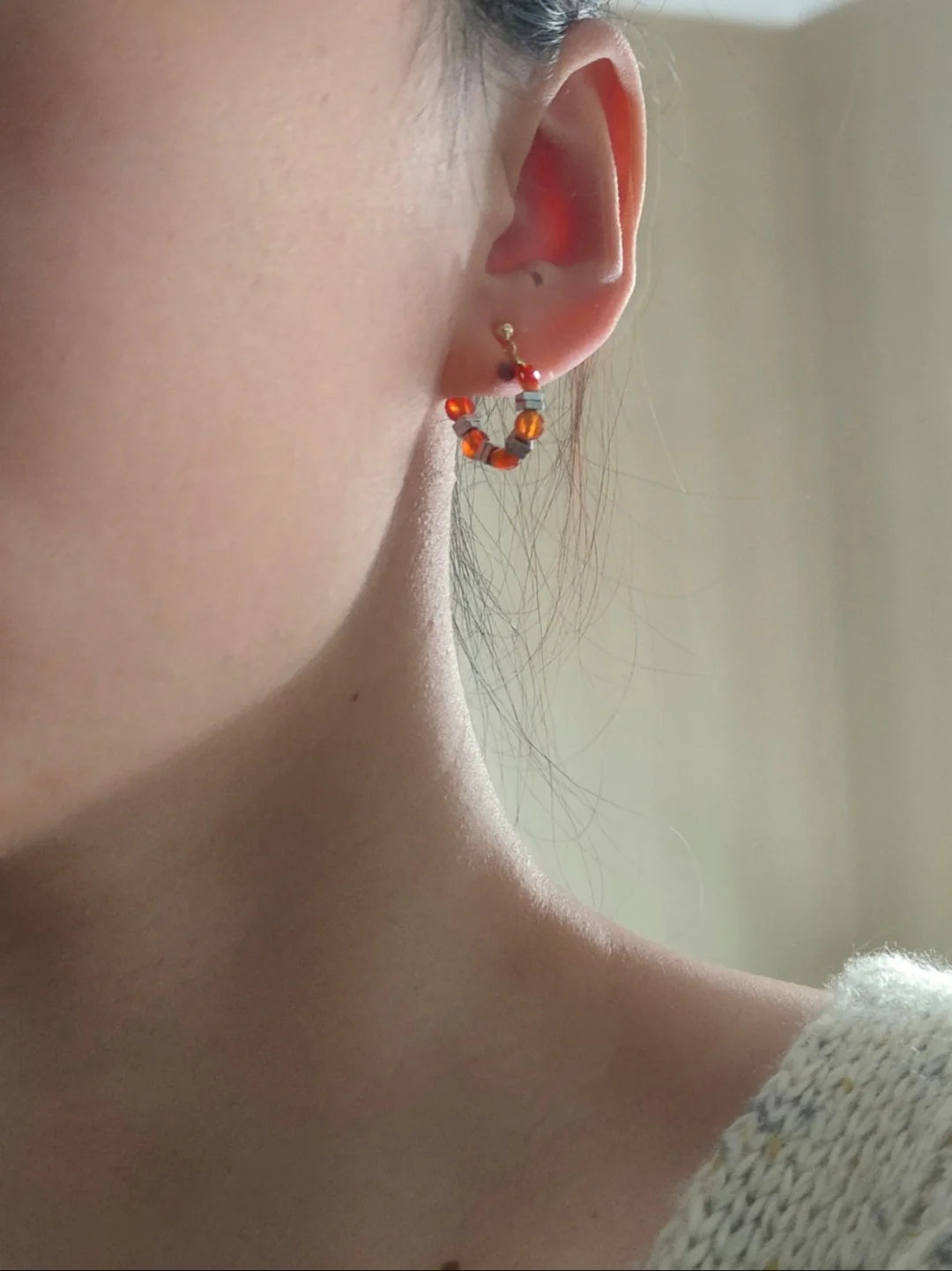 Chinoiserie Red Agate Beaded Metal Earrings