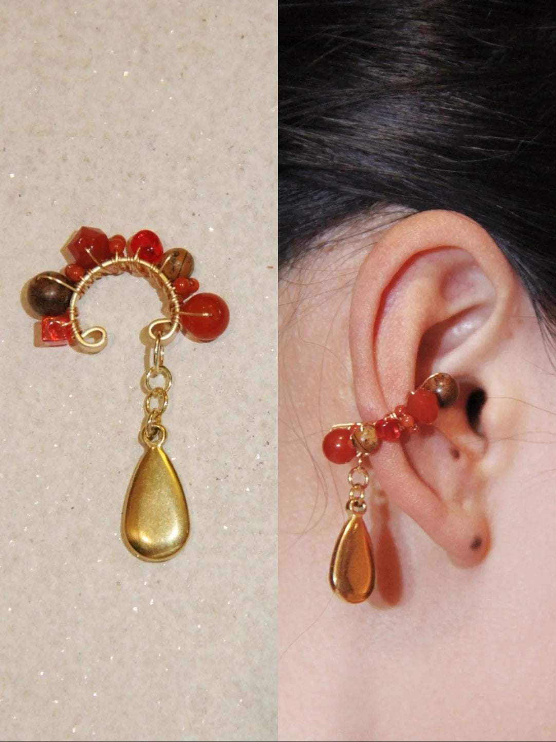 Chinoiserie Red Agate Beads Drop Conch Clip,Red-Golden / One Clip,Lumivault.