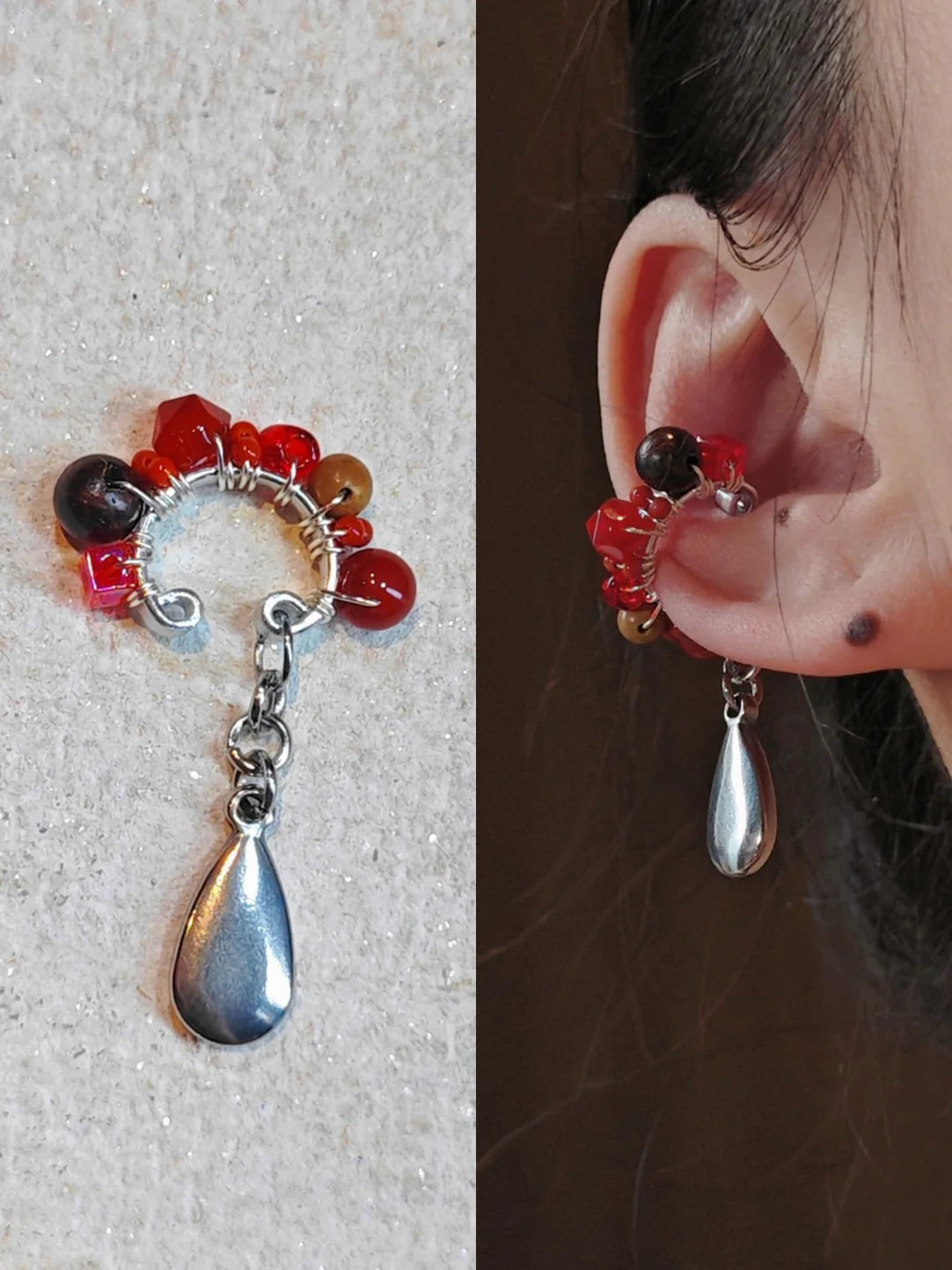 Chinoiserie Red Agate Beads Drop Conch Clip,Red-Silver / One Clip,Lumivault.