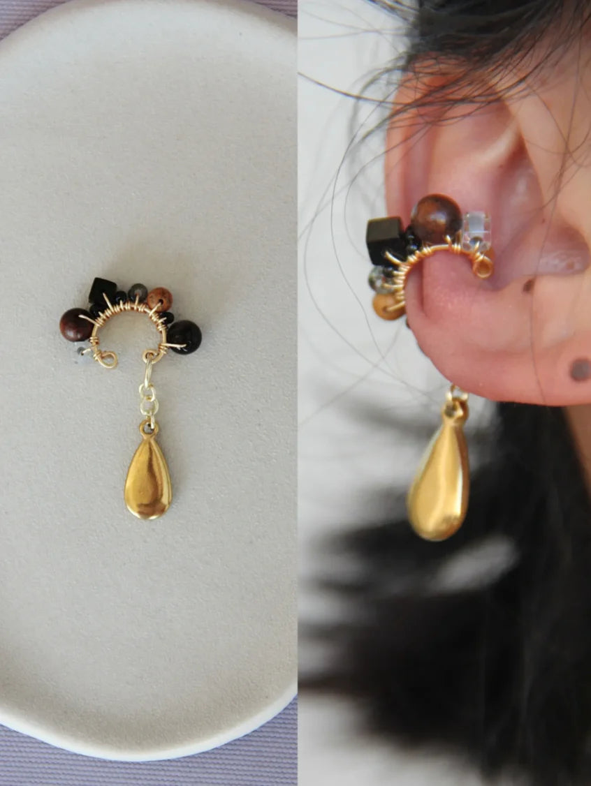 Chinoiserie Red Agate Beads Drop Conch Clip,Black / One Clip,Lumivault.