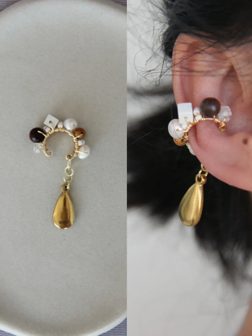 Chinoiserie Red Agate Beads Drop Conch Clip