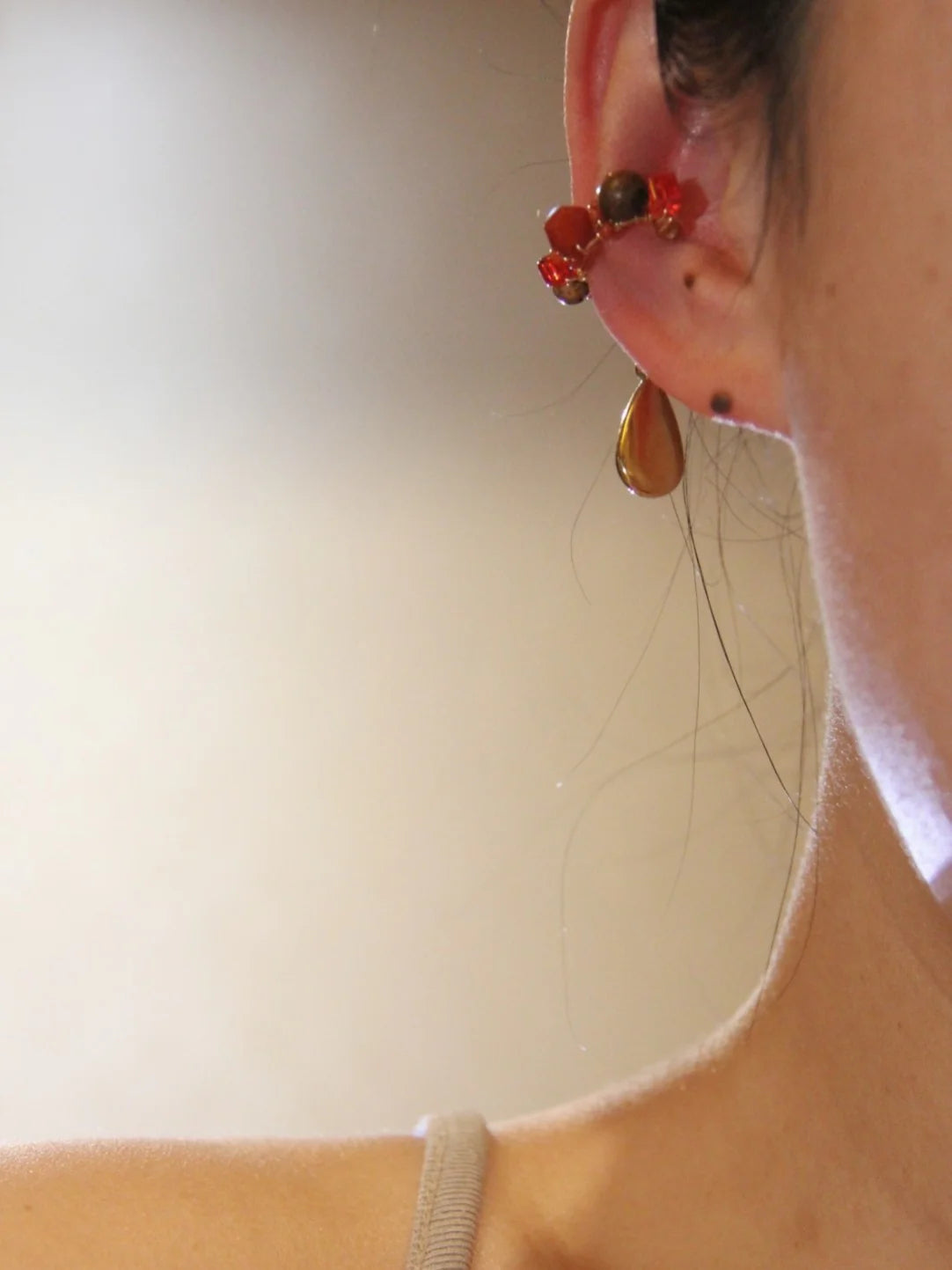 Chinoiserie Red Agate Beads Drop Conch Clip,Lumivault.