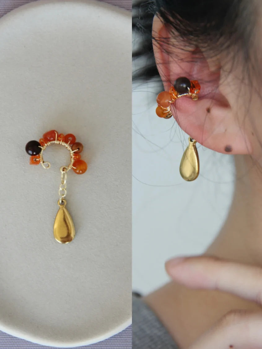 Chinoiserie Red Agate Beads Drop Conch Clip,Orange / One Clip,Lumivault.