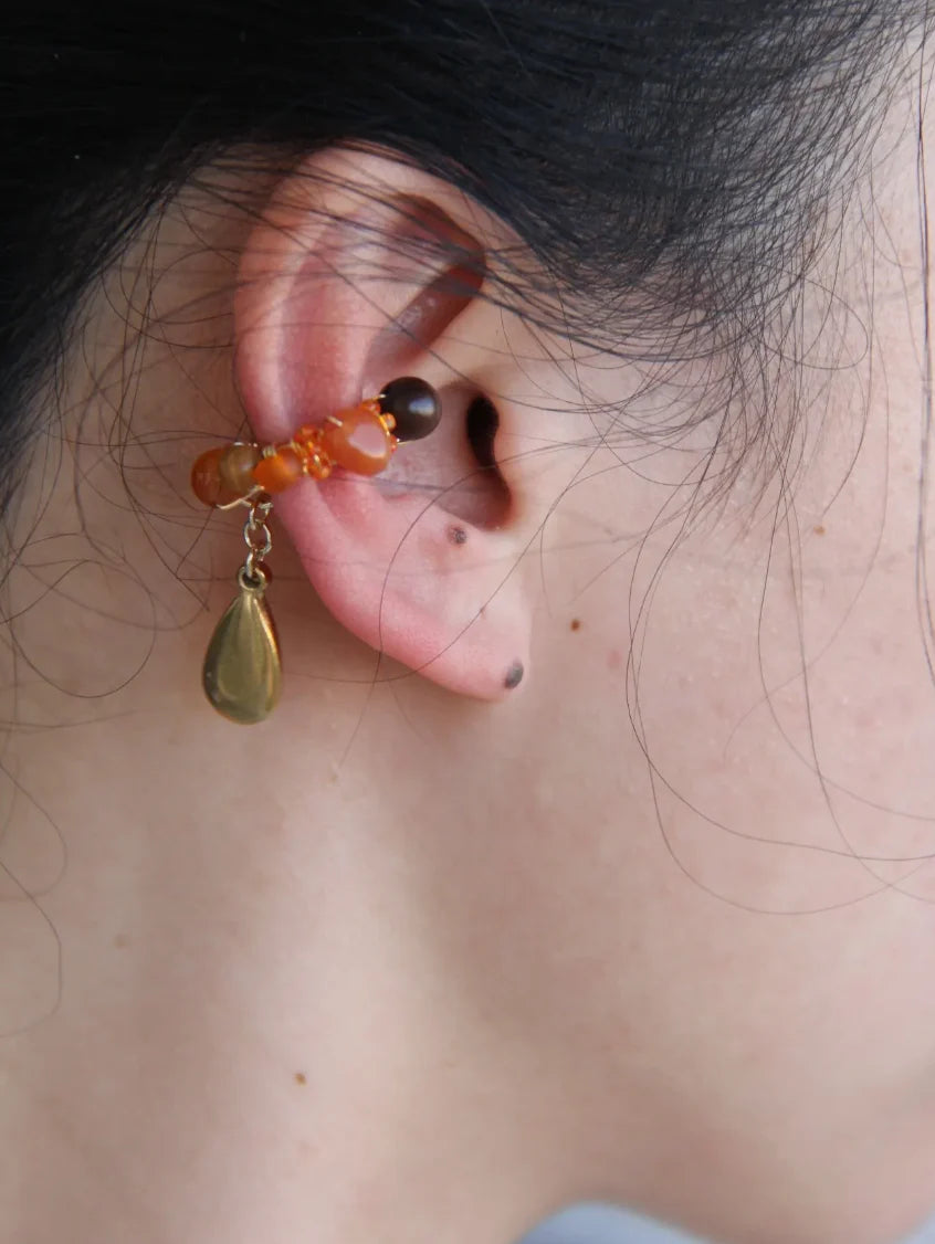 Chinoiserie Red Agate Beads Drop Conch Clip,Lumivault.