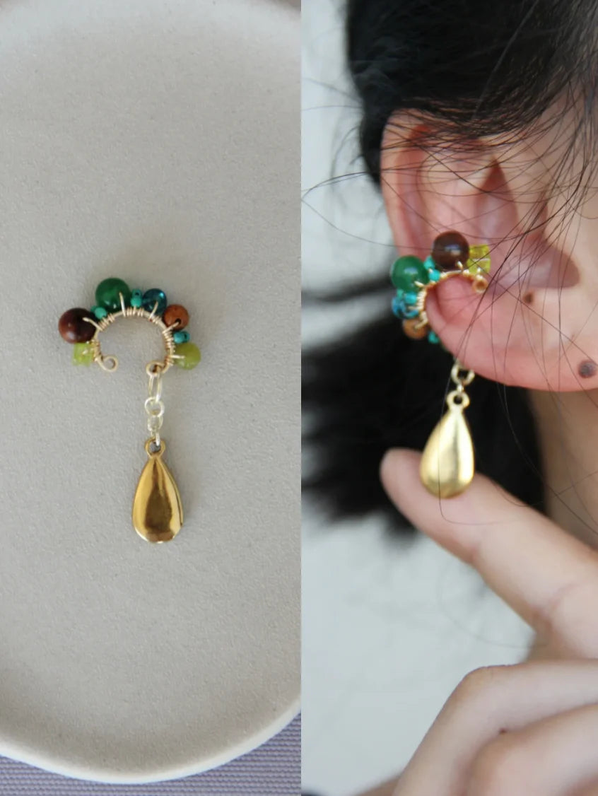Chinoiserie Red Agate Beads Drop Conch Clip,Green / One Clip,Lumivault.