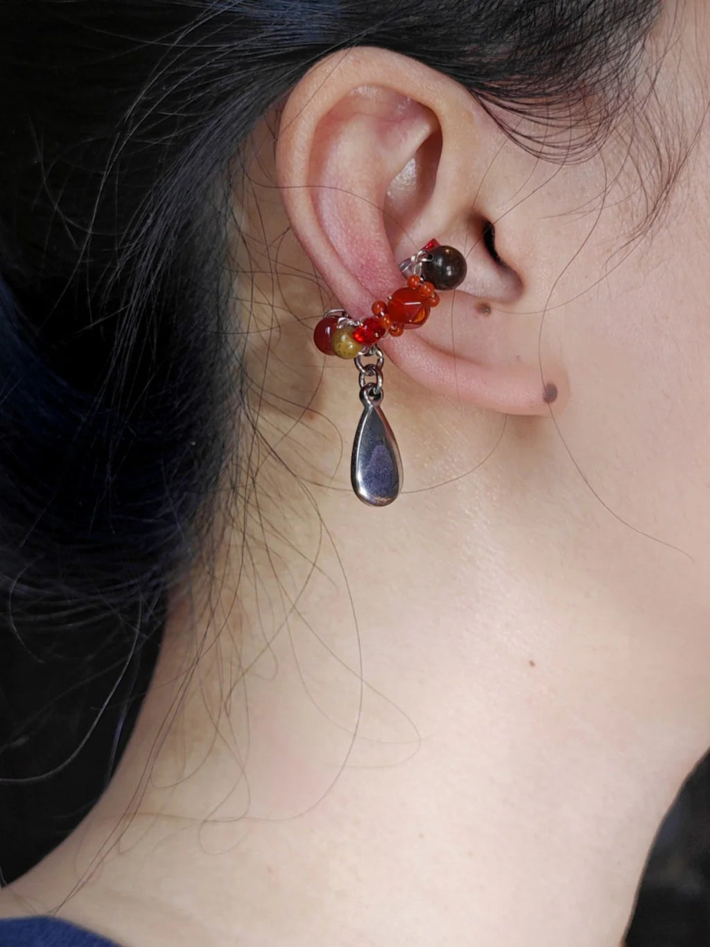 Chinoiserie Red Agate Beads Drop Conch Clip,Lumivault.