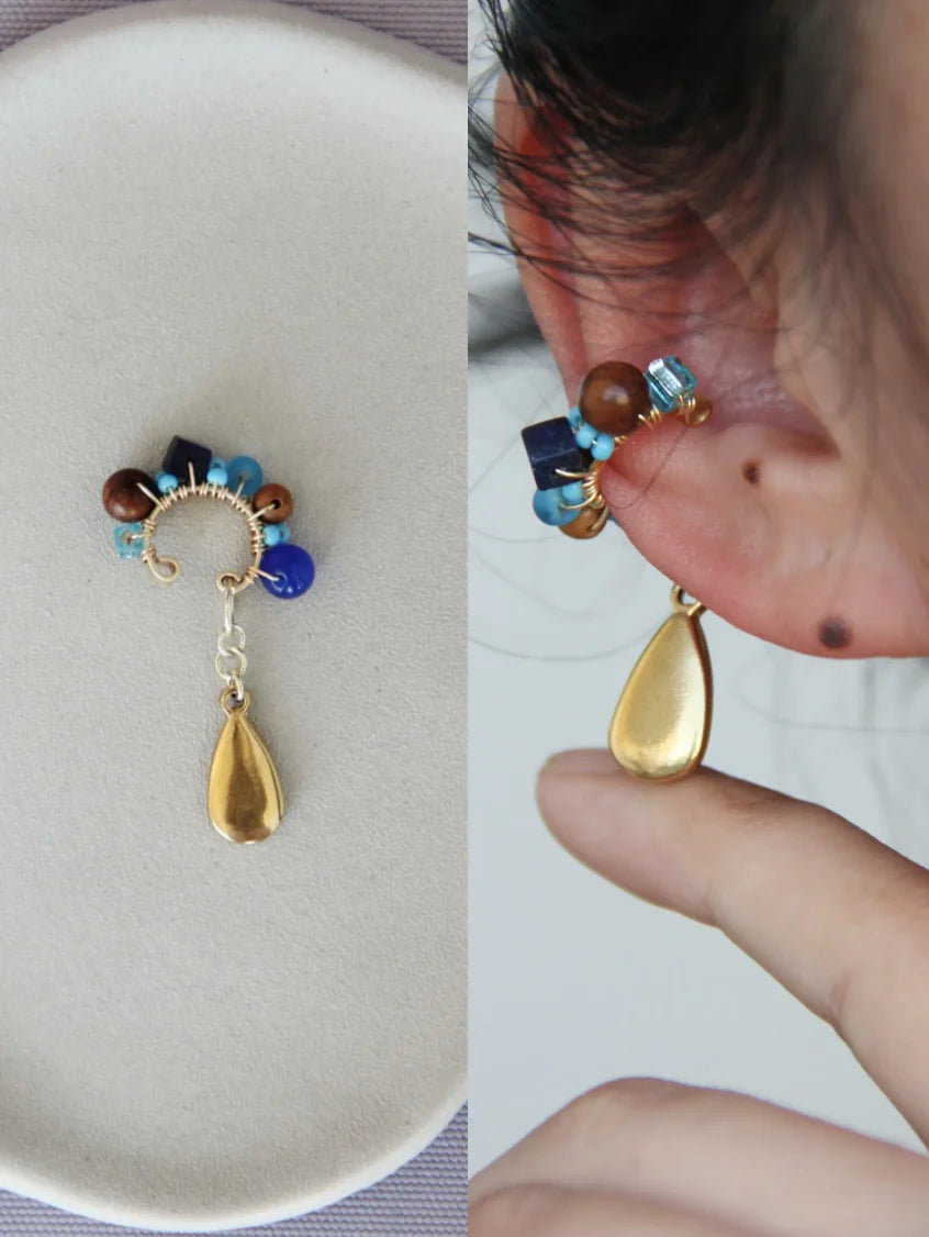 Chinoiserie Red Agate Beads Drop Conch Clip,Blue / One Clip,Lumivault.