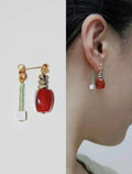 Chinoiserie Red Agate Irregular Dangle Earrings,Lumivault.