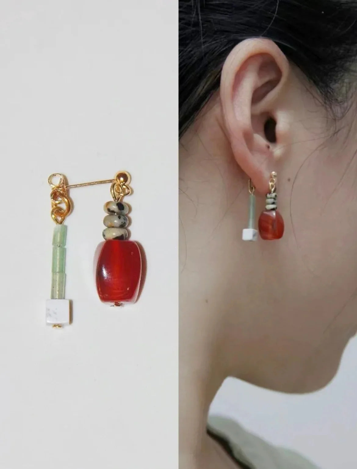 Chinoiserie Red Agate Irregular Dangle Earrings,Lumivault.