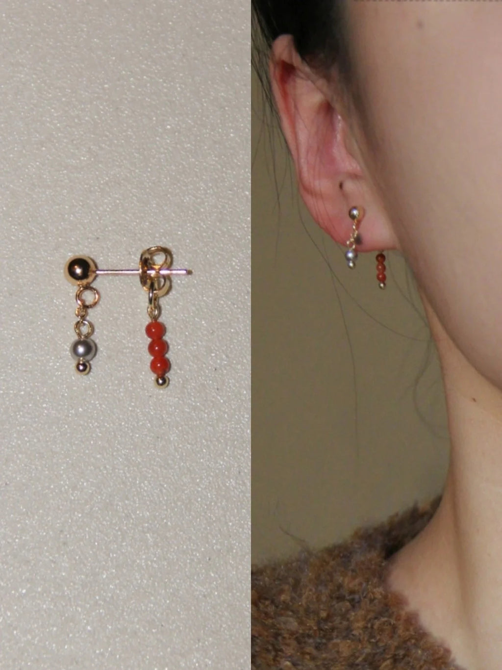 Chinoiserie Red Agate Mini Beaded Earrings,Lumivault.