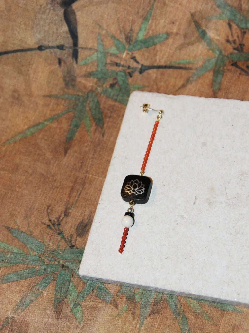 「Chinoiserie」Red Black Ebony Lotus Long Earrings,Lumivault.