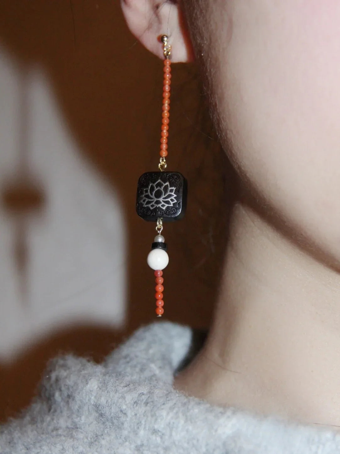 「Chinoiserie」Red Black Ebony Lotus Long Earrings,Lumivault.