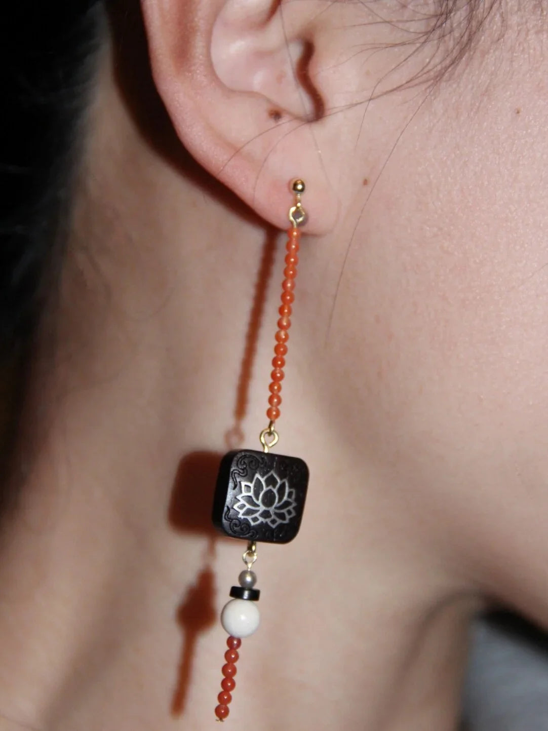 「Chinoiserie」Red Black Ebony Lotus Long Earrings,Lumivault.