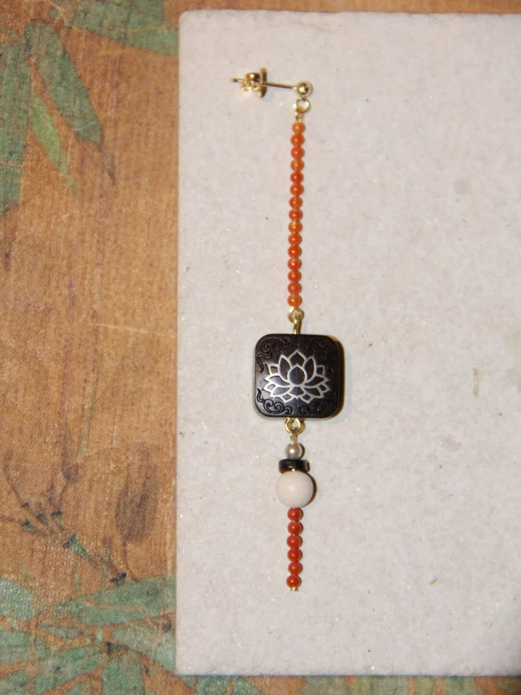 「Chinoiserie」Red Black Ebony Lotus Long Earrings,Lumivault.