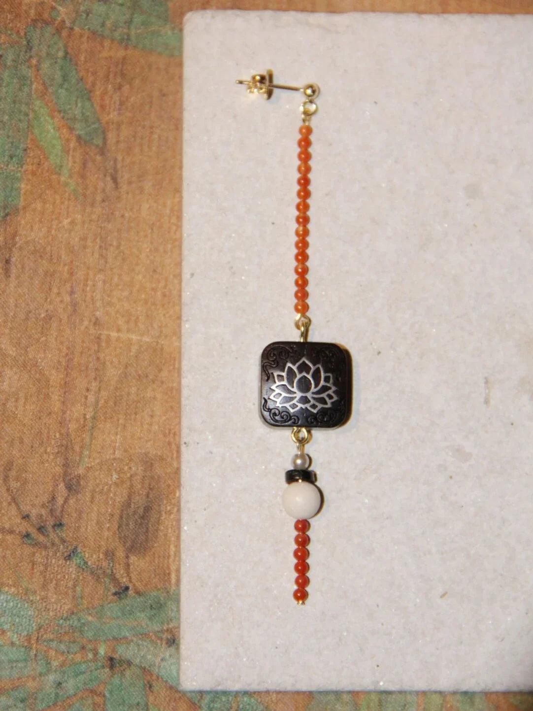 「Chinoiserie」Red Black Ebony Lotus Long Earrings,Lumivault.