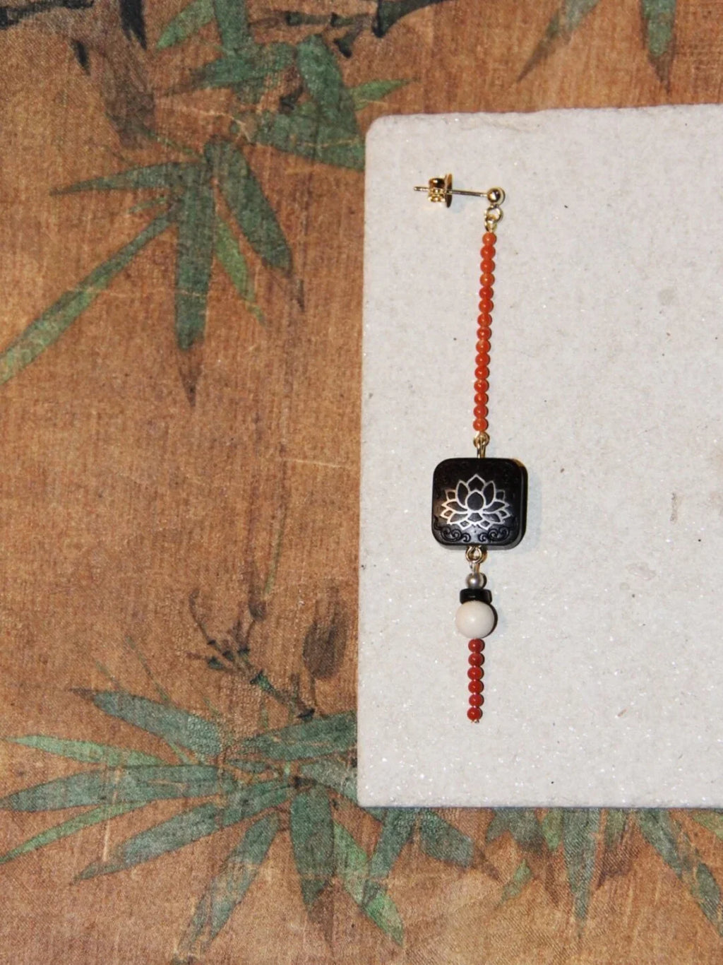 「Chinoiserie」Red Black Ebony Lotus Long Earrings,Lumivault.
