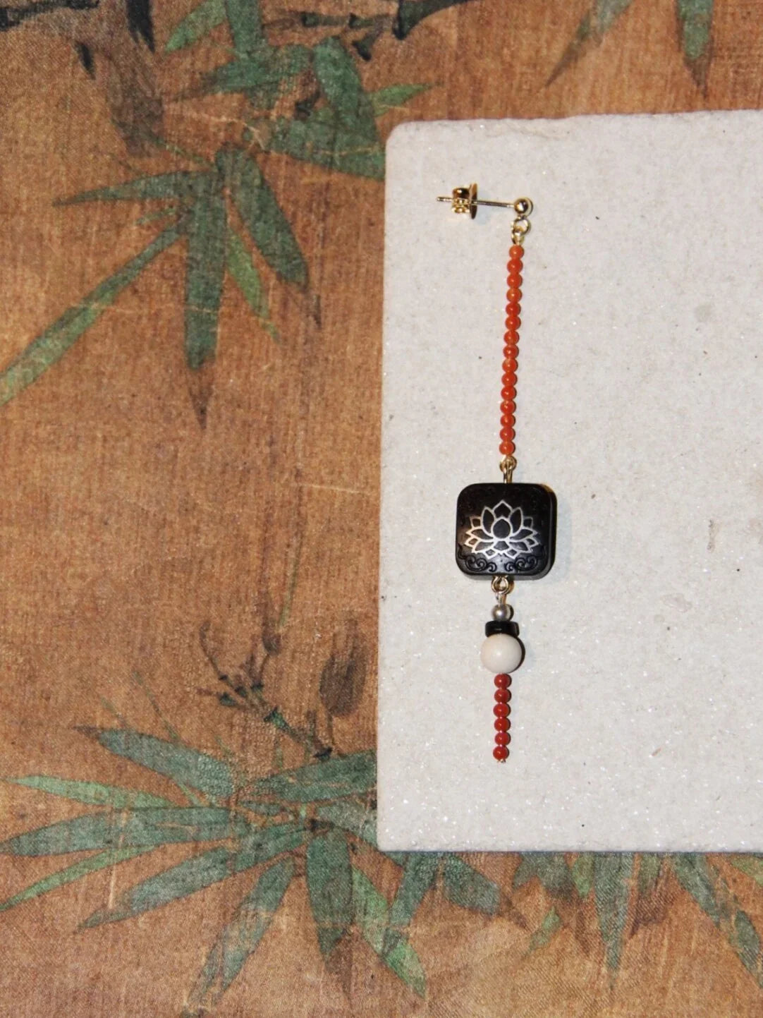 「Chinoiserie」Red Black Ebony Lotus Long Earrings,Lumivault.