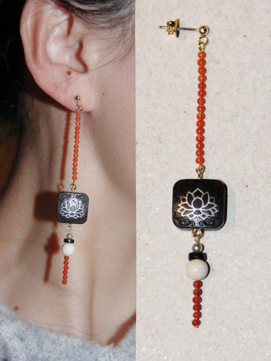「Chinoiserie」Red Black Ebony Lotus Long Earrings - Lumivault