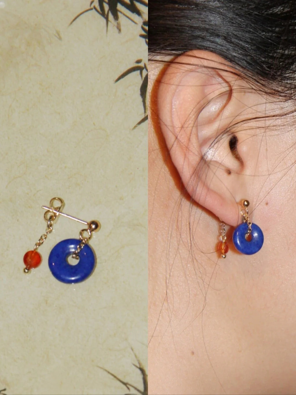 Chinoiserie Red Blue Lapis Lazuli Agate Earrings,Lumivault.