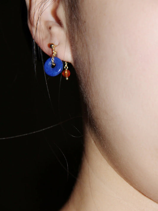 Chinoiserie Red Blue Lapis Lazuli Agate Earrings