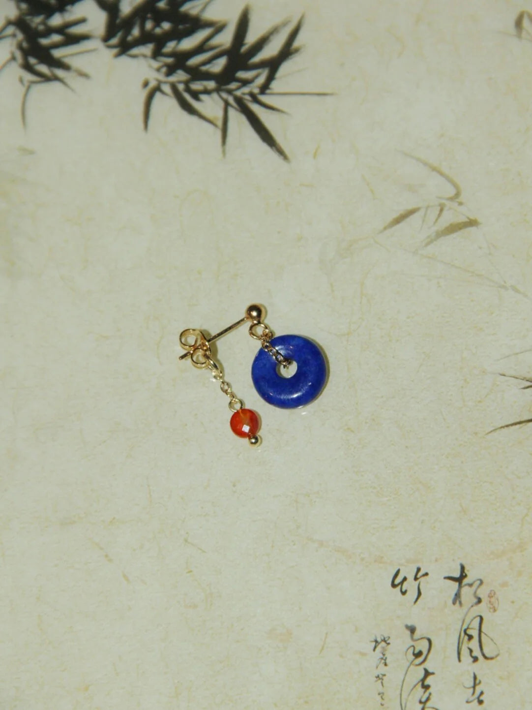 Chinoiserie Red Blue Lapis Lazuli Agate Earrings,Lumivault.
