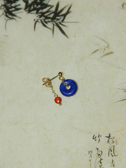 Chinoiserie Red Blue Lapis Lazuli Agate Earrings