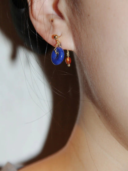 Chinoiserie Red Blue Lapis Lazuli Agate Earrings
