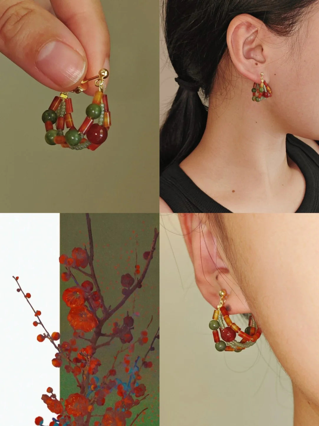 Chinoiserie Red Green Jade Beaded Hoop Earrings
