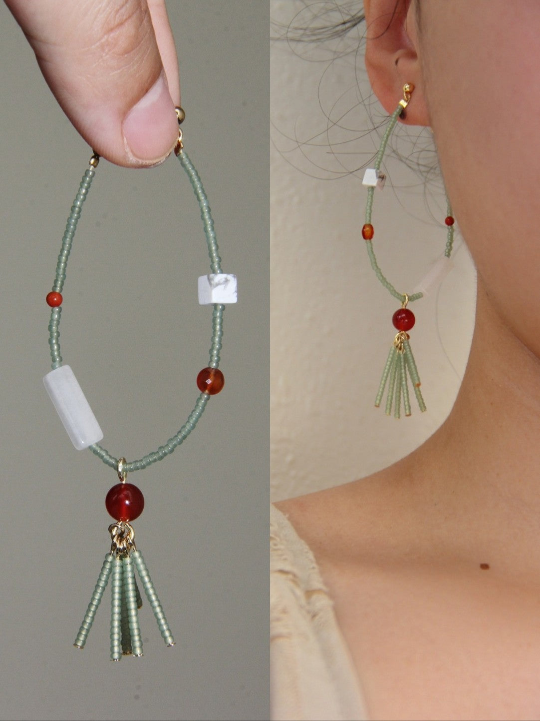 Chinoiserie Red Green Jade Beaded Hoop Earrings,Lumivault.